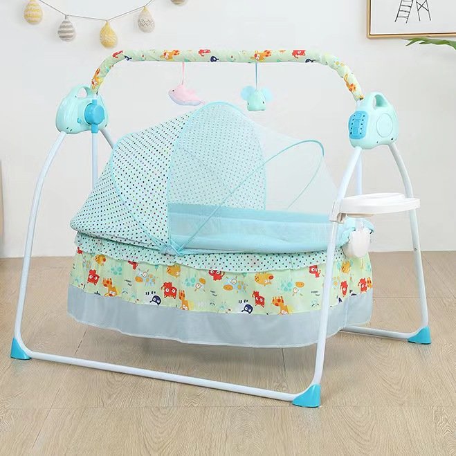 BabyTeddy Premium Automatic Electric Baby Swing Cradle with multipurpose tray Adjustable Swing Speed, Soothing Music | Baby Rocker with Mosquito Net, Safety Belt & Removable Toys Swing for Baby with WhisperQuiet technology (Blue)