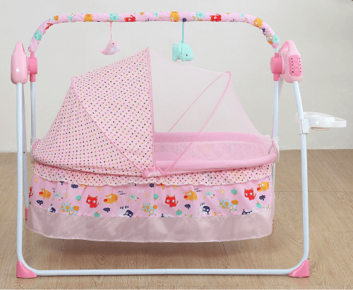 BabyTeddy Premium Automatic Electric Baby Swing Cradle with multipurpose tray Adjustable Swing Speed, Soothing Music | Baby Rocker with Mosquito Net, Safety Belt & Removable Toys Swing for Baby with WhisperQuiet technology (Pink)