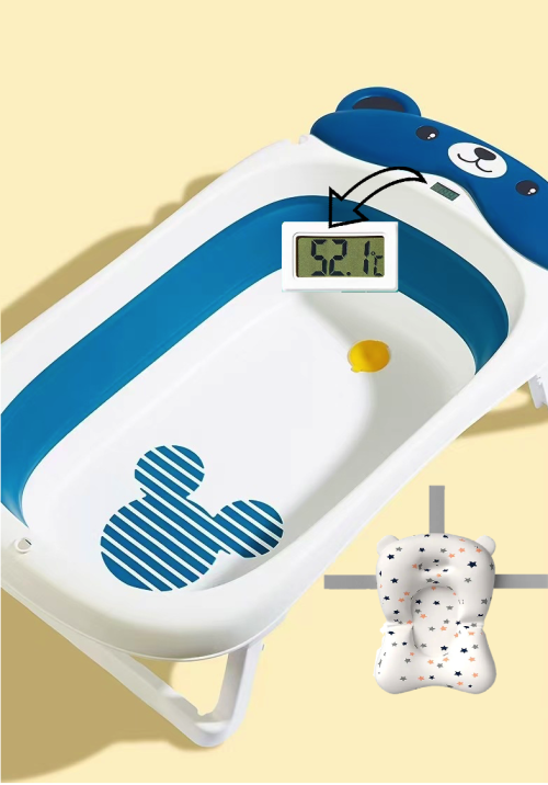 BabyTeddy Patented New Improved 2023 Model Large Baby Bath Tub Collapsible,0-5 Years Anti Skid with Bath Cushion and Thermometer (Temperature Indicator, Blue)