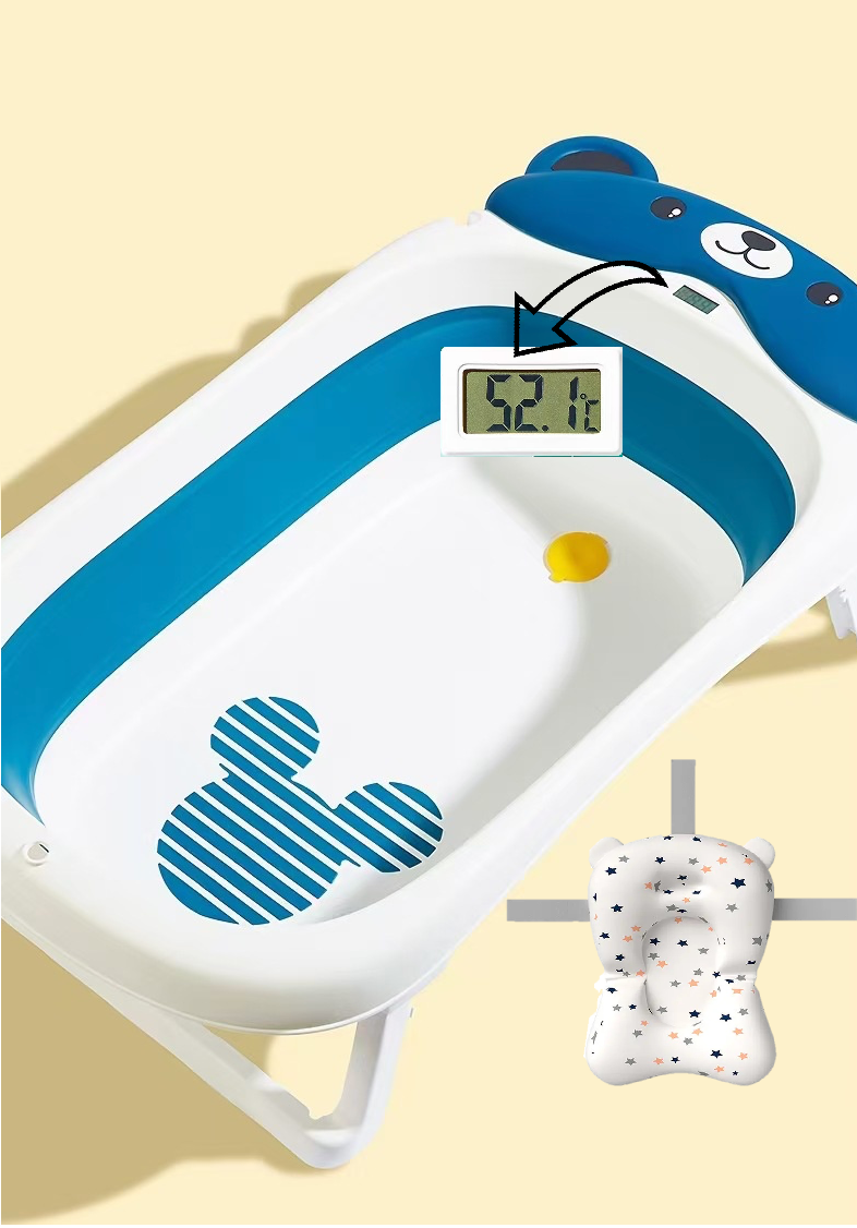 BabyTeddy Patented New Improved 2023 Model Large Baby Bath Tub Collapsible,0-5 Years Anti Skid with Bath Cushion and Thermometer (Temperature Indicator, Blue)