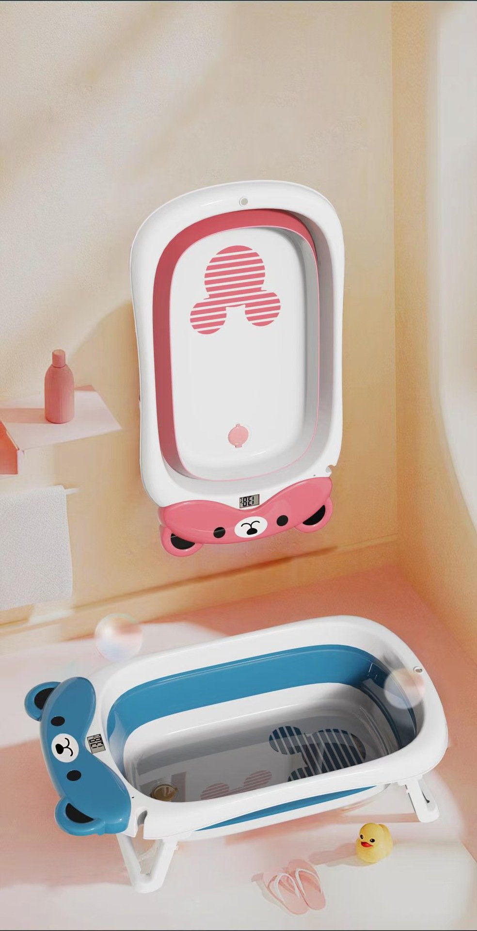 BabyTeddy Patented New Improved 2023 Model Large Baby Bath Tub Collapsible,0-5 Years Anti Skid with Bath Cushion and Thermometer (Temperature Indicator, Blue) - Image 14