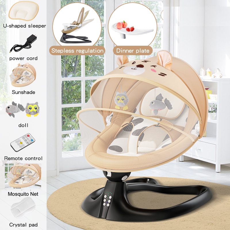 BabyTeddy Premium Baby Rocking Chair Electric Automatic Swing Rocker Soft Cushion Adjustable Speed Backrest Music Remote Control Safety Belt Bouncer with Toys Food Tray ZAAB (Cream Tiger) - Image 8