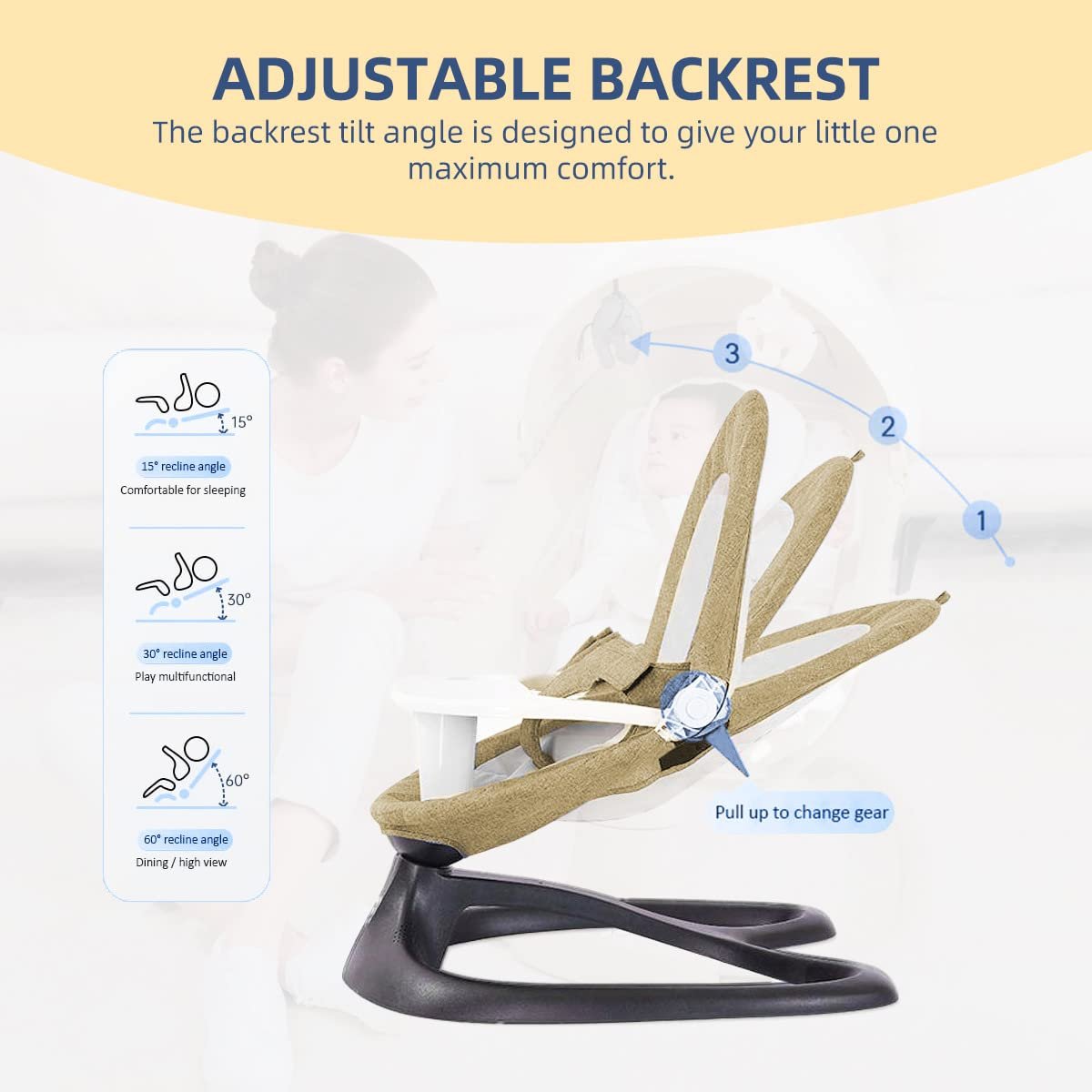 BabyTeddy Premium Baby Rocking Chair Electric Automatic Swing Rocker Soft Cushion Adjustable Speed Backrest Music Remote Control Safety Belt Bouncer with Toys Food Tray ZAAB (Cream Tiger) - Image 11