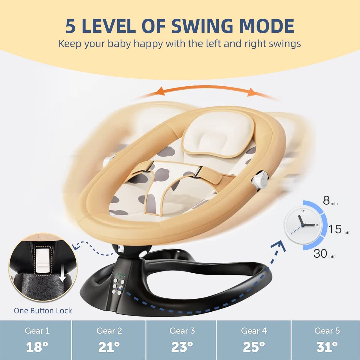 BabyTeddy Premium Baby Rocking Chair Electric Automatic Swing Rocker Soft Cushion Adjustable Speed Backrest Music Remote Control Safety Belt Bouncer with Toys Food Tray ZAAB (Cream Tiger) - Image 10