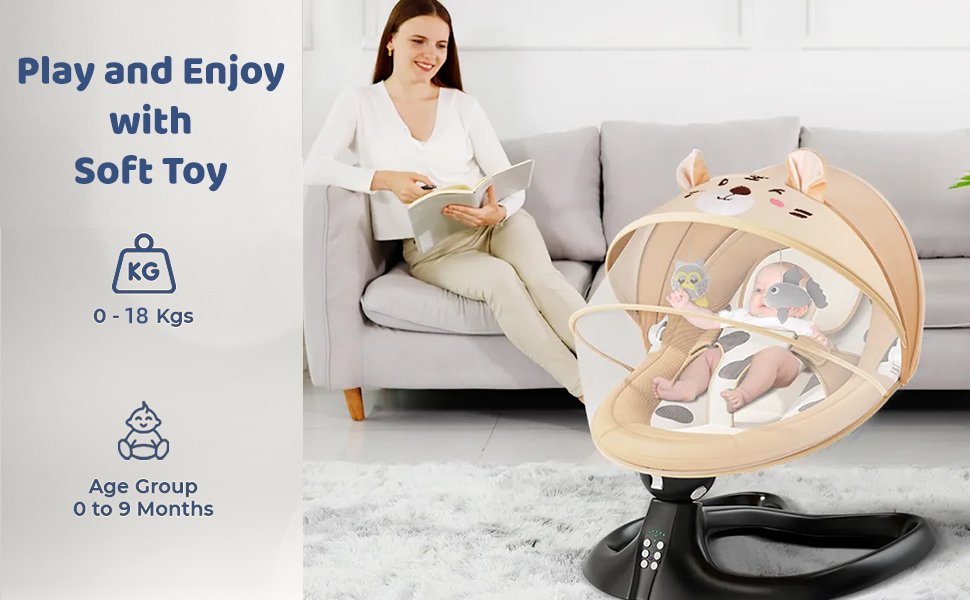 BabyTeddy Premium Baby Rocking Chair Electric Automatic Swing Rocker Soft Cushion Adjustable Speed Backrest Music Remote Control Safety Belt Bouncer with Toys Food Tray ZAAB (Cream Tiger) - Image 6