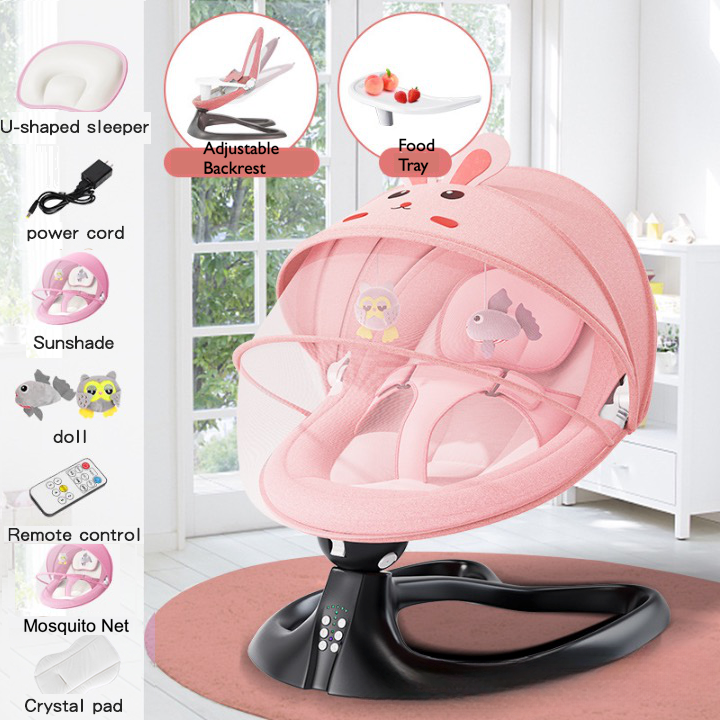 BabyTeddy Premium Baby Rocking Chair Electric Automatic Swing Rocker Soft Cushion Adjustable Speed Backrest Music Remote Control Safety Belt Bouncer with Toys Food Tray ZAAB (Cream Tiger) - Image 9