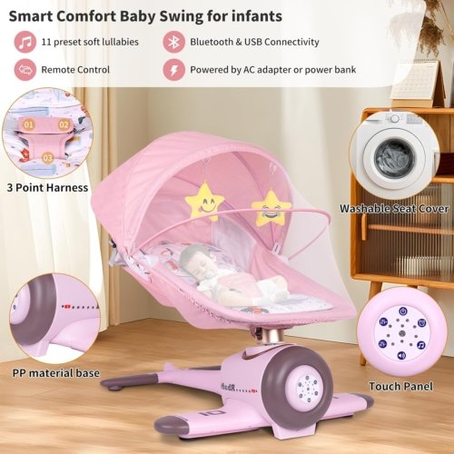BabyTeddy Premium Baby Rocking Chair Electric Automatic Swing Rocker Soft Cushion Adjustable Speed Backrest Music Remote Control Safety Belt Bouncer with Toys AeroPink