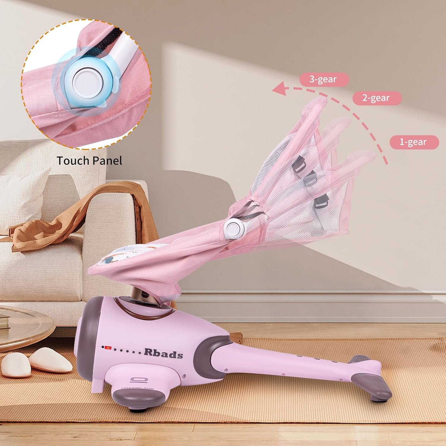 BabyTeddy Premium Baby Rocking Chair Electric Automatic Swing Rocker Soft Cushion Adjustable Speed Backrest Music Remote Control Safety Belt Bouncer with Toys AeroPink - Image 4