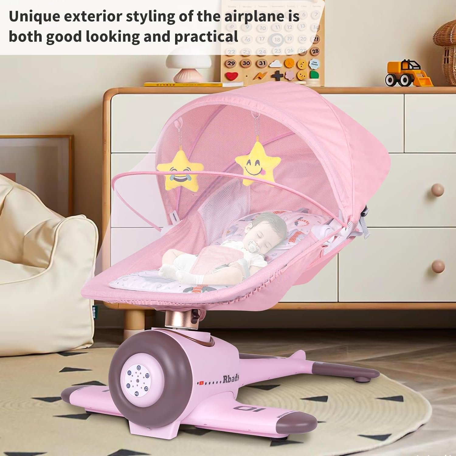 BabyTeddy Premium Baby Rocking Chair Electric Automatic Swing Rocker Soft Cushion Adjustable Speed Backrest Music Remote Control Safety Belt Bouncer with Toys AeroPink - Image 6