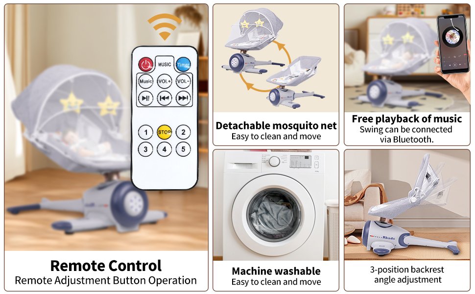 BabyTeddy Premium Baby Rocking Chair Electric Automatic Swing Rocker Soft Cushion Adjustable Speed Backrest Music Remote Control Safety Belt Bouncer with Toys AeroPink - Image 7