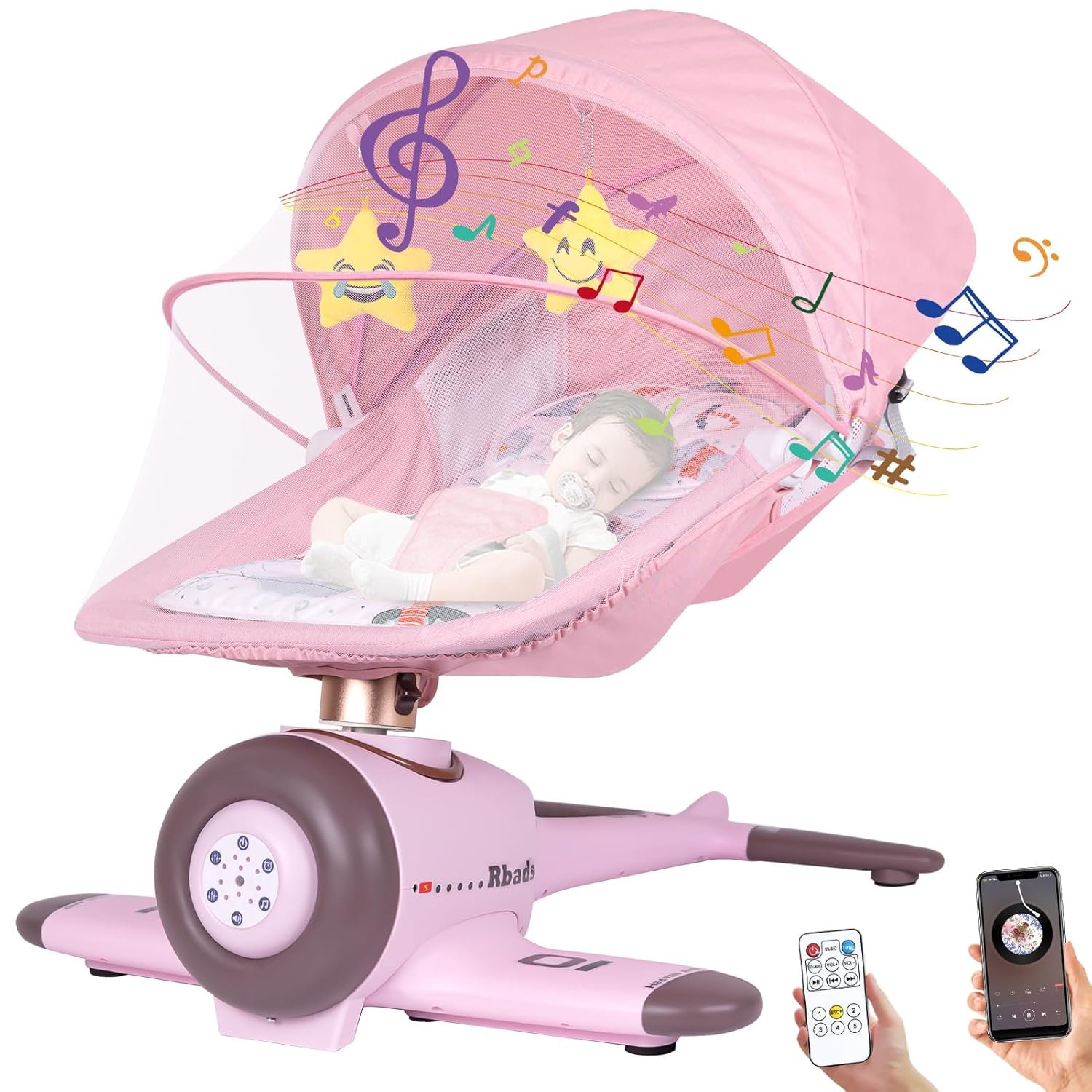 BabyTeddy Premium Baby Rocking Chair Electric Automatic Swing Rocker Soft Cushion Adjustable Speed Backrest Music Remote Control Safety Belt Bouncer with Toys AeroPink - Image 11