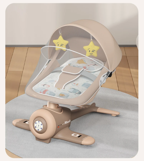 BabyTeddy Premium Baby Rocking Chair Electric Automatic Swing Rocker Soft Cushion Adjustable Speed Backrest Music Remote Control Safety Belt Bouncer with Toys Food Tray AeroCream